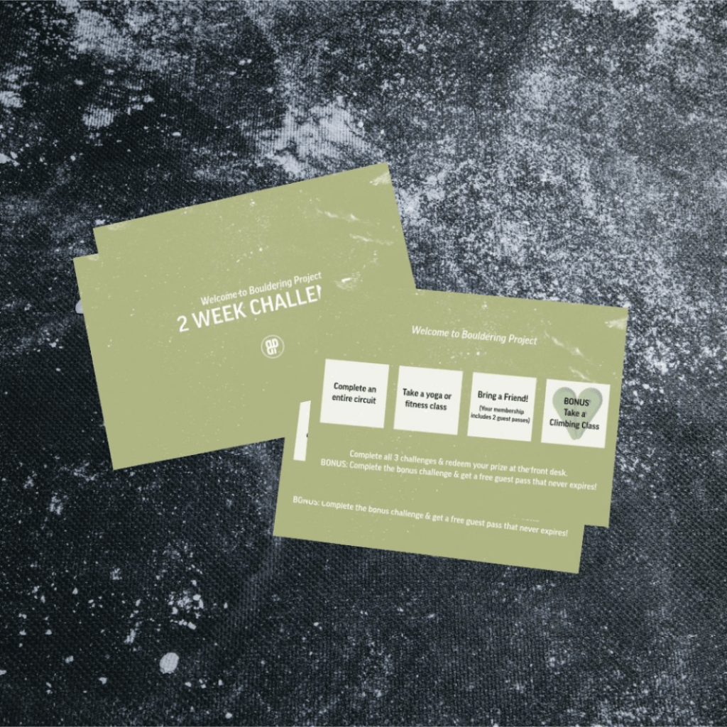 5x7 note cards on a chalky climbing gym floor promoting the Two Week Challenge