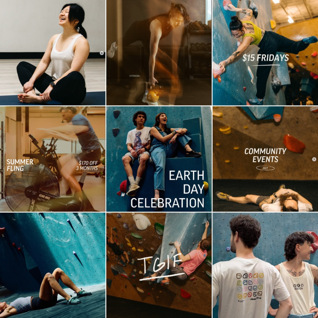 Instagram grid example for Bouldering Project with images of people at events, doing yoga, working out, and climbing.